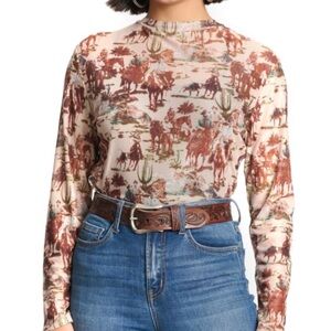 Turquoise Haven Cowboys Horses Mesh Top Sheer Western Rodeo LS Women’s S